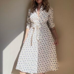 Polka Dot Tie-Waist Midi Dress in White and Light Blue